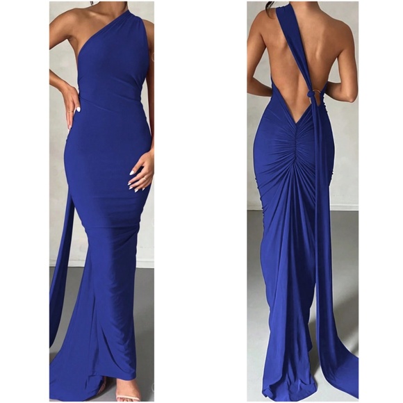 Luxe Backless Asymmetrical Neck Bodycon Party Formal Dress - Picture 6 of 8